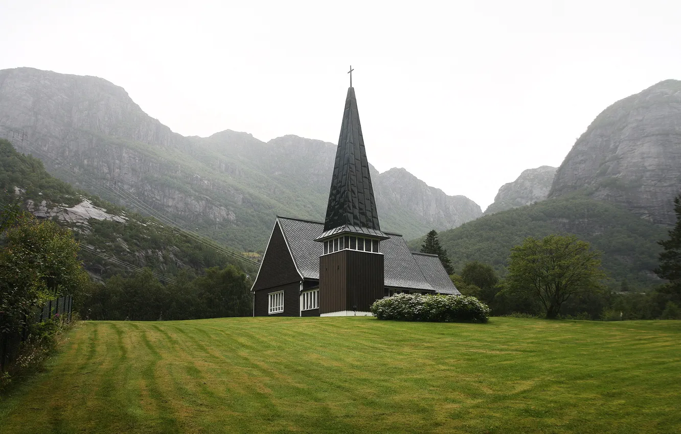 Photo wallpaper field, mountains, vegetation, temple, Norway