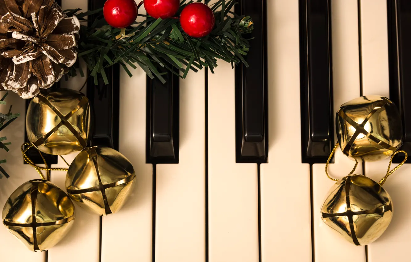 Photo wallpaper music, holiday, keys, fruit, Christmas, New year, piano, piano