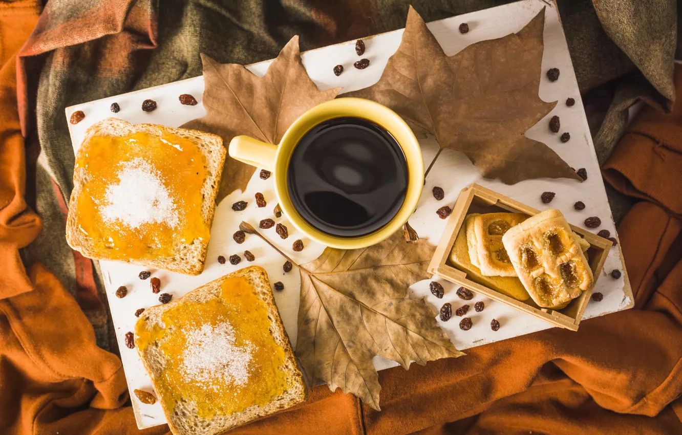 Photo wallpaper autumn, leaves, trees, background, coffee, colorful, cookies, Cup