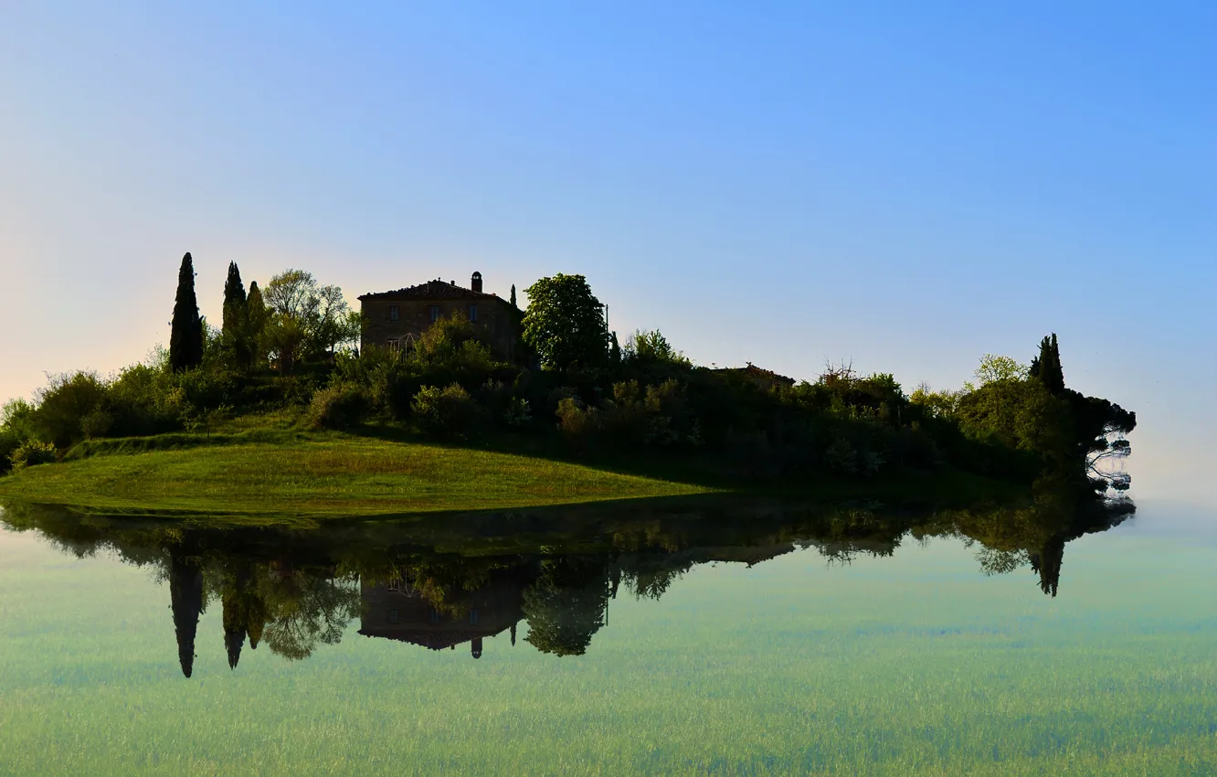 Photo wallpaper trees, lake, island, home