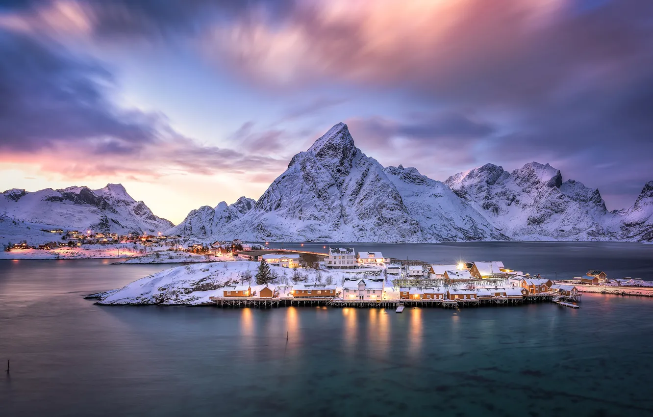 Photo wallpaper mountains, island, village, Norway, Norway, the fjord, Nordland, The Lofoten Islands