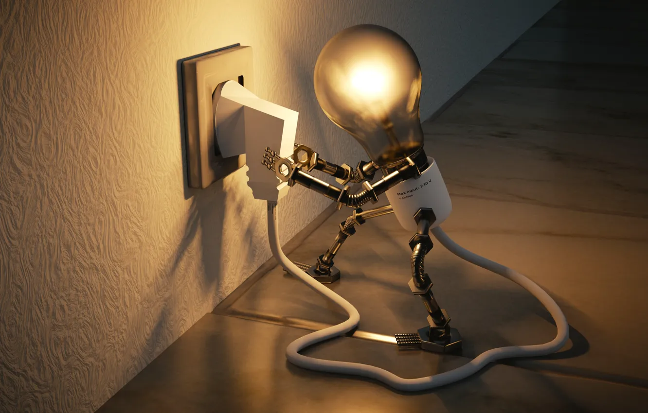 Photo wallpaper light bulb, light, rendering, wall, robot, connection, head, electricity