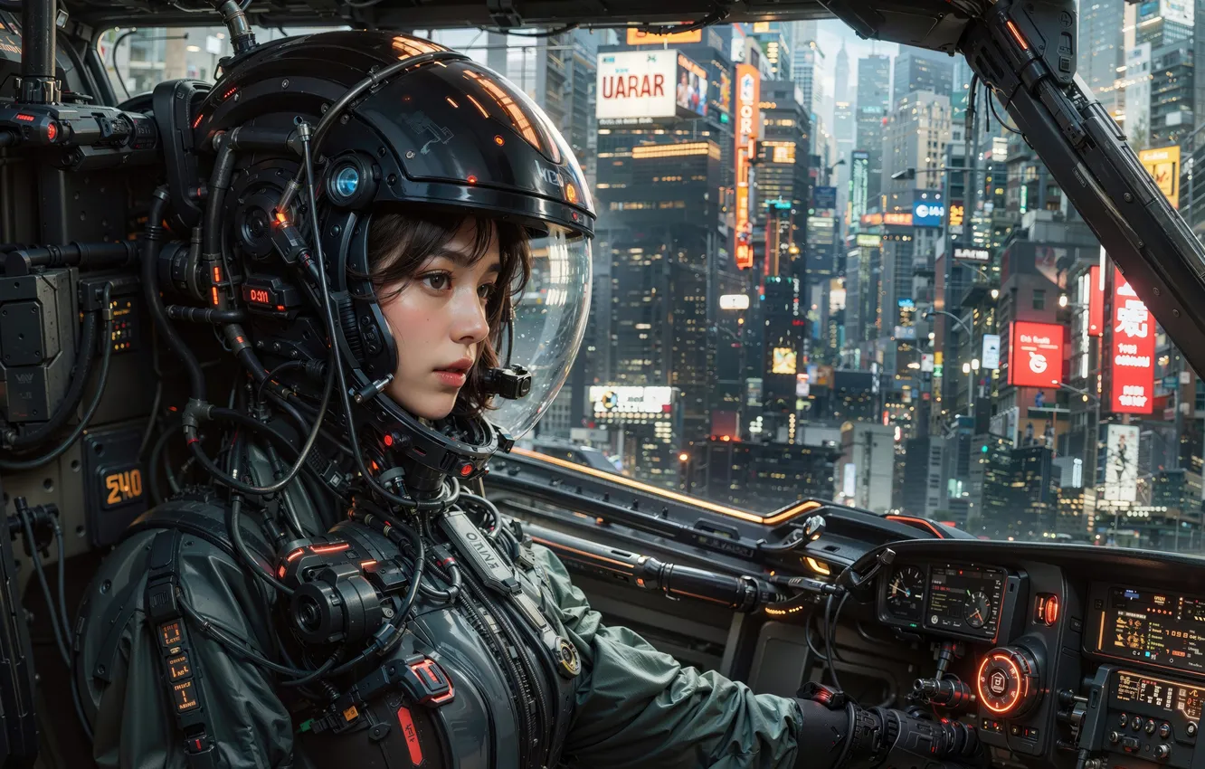 Photo wallpaper girl, flight, the city, skyscrapers, devices, helmet, pilot, digital art
