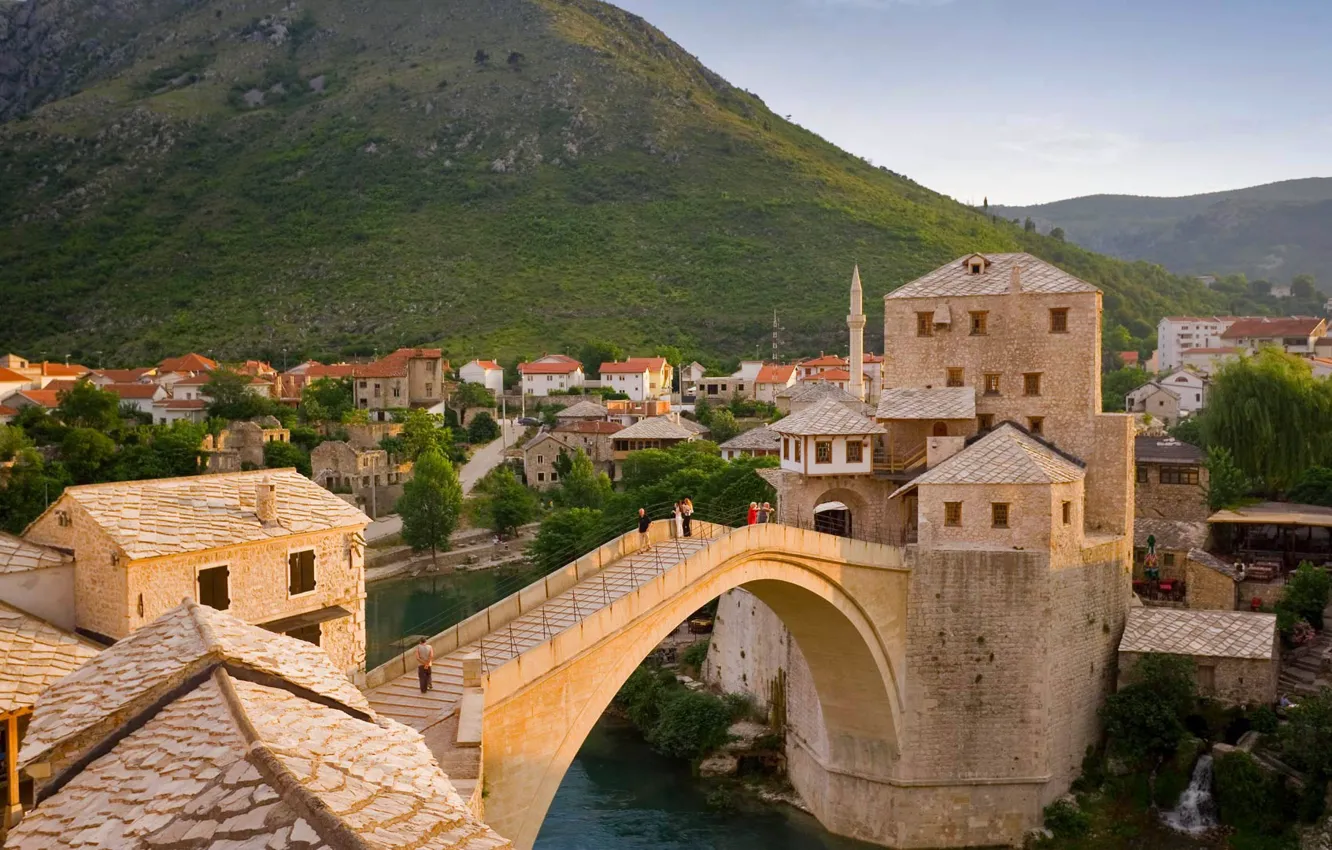 Photo wallpaper mountains, river, home, Bosnia and Herzegovina, Old bridge, Mostar