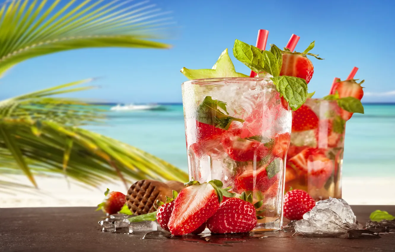 Photo wallpaper sea, beach, strawberry, cocktail, summer, beach, fresh, sea