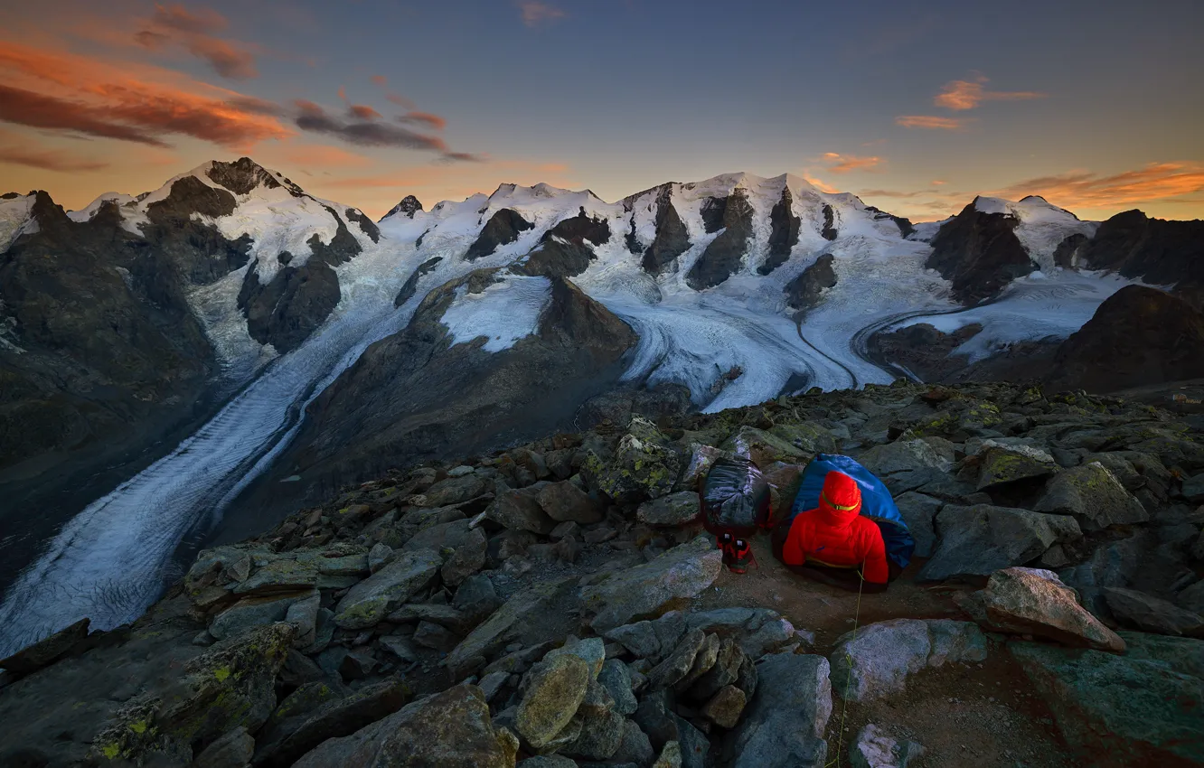 Photo wallpaper snow, mountains, stones, rocks, people, the evening, slope, lies
