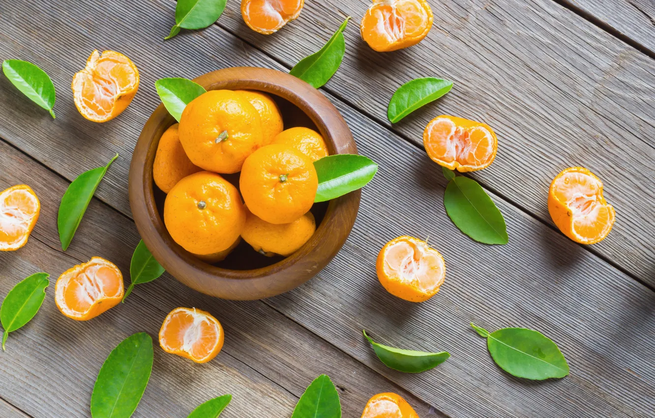 Photo wallpaper green, wood, leaf, tangerines