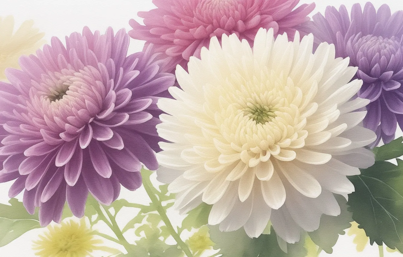 Photo wallpaper purple, flowers, yellow, green, green, figure, plant, beauty