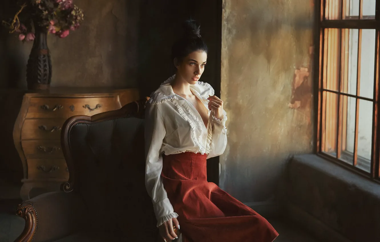 Photo wallpaper pose, model, skirt, chair, window, hairstyle, blouse, Alla Berger