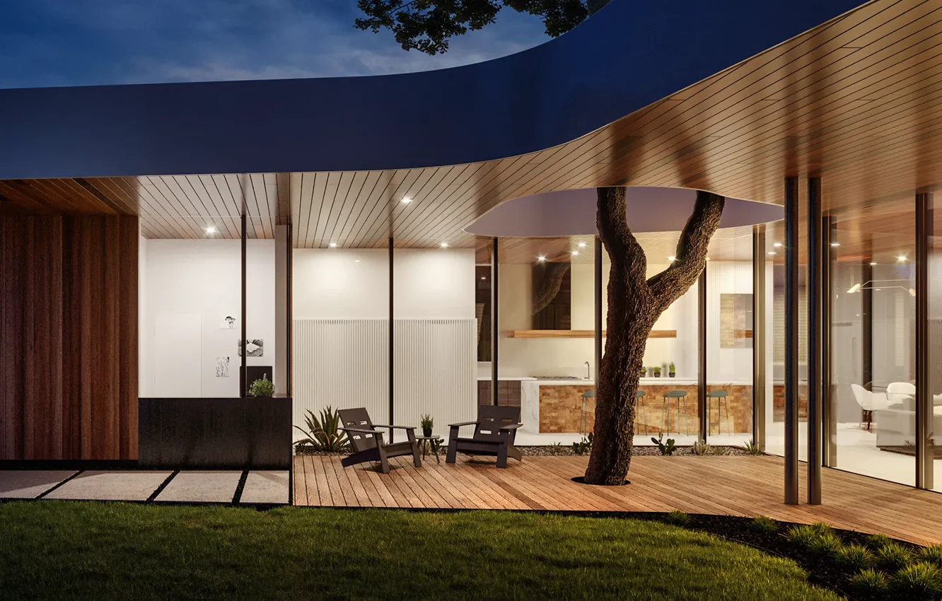 Photo wallpaper trees, lawn, lighting, architecture, structure