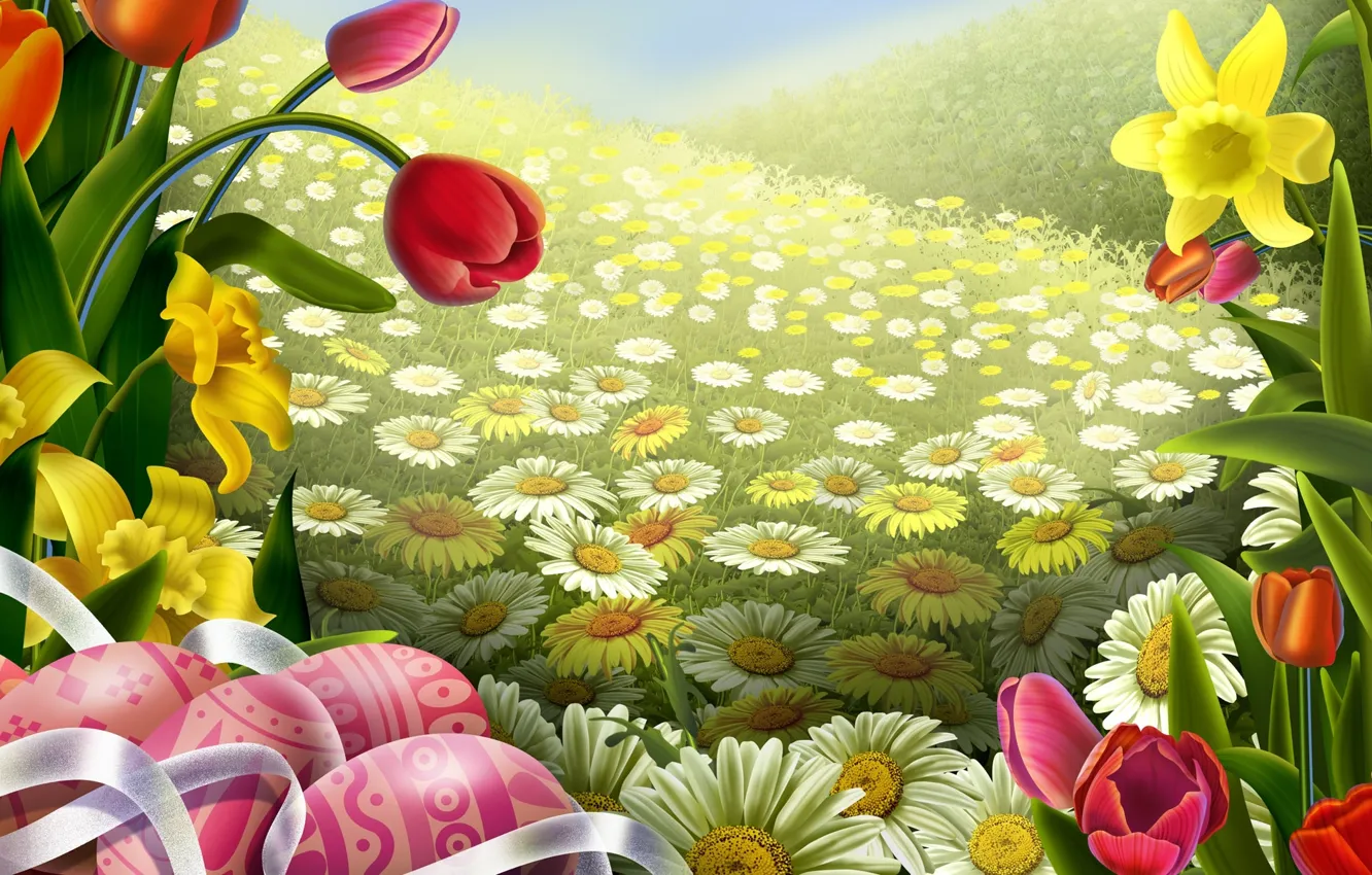 Photo wallpaper field, flowers, Tulip, Daisy, art, Easter, tape