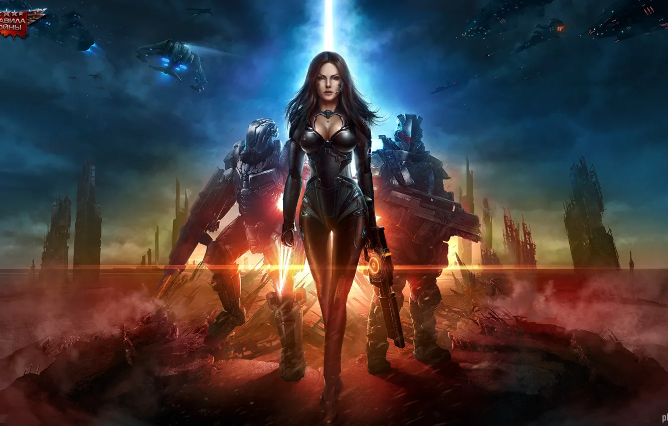 Photo wallpaper girl, the city, weapons, ship, art, soldiers, armor, ruins