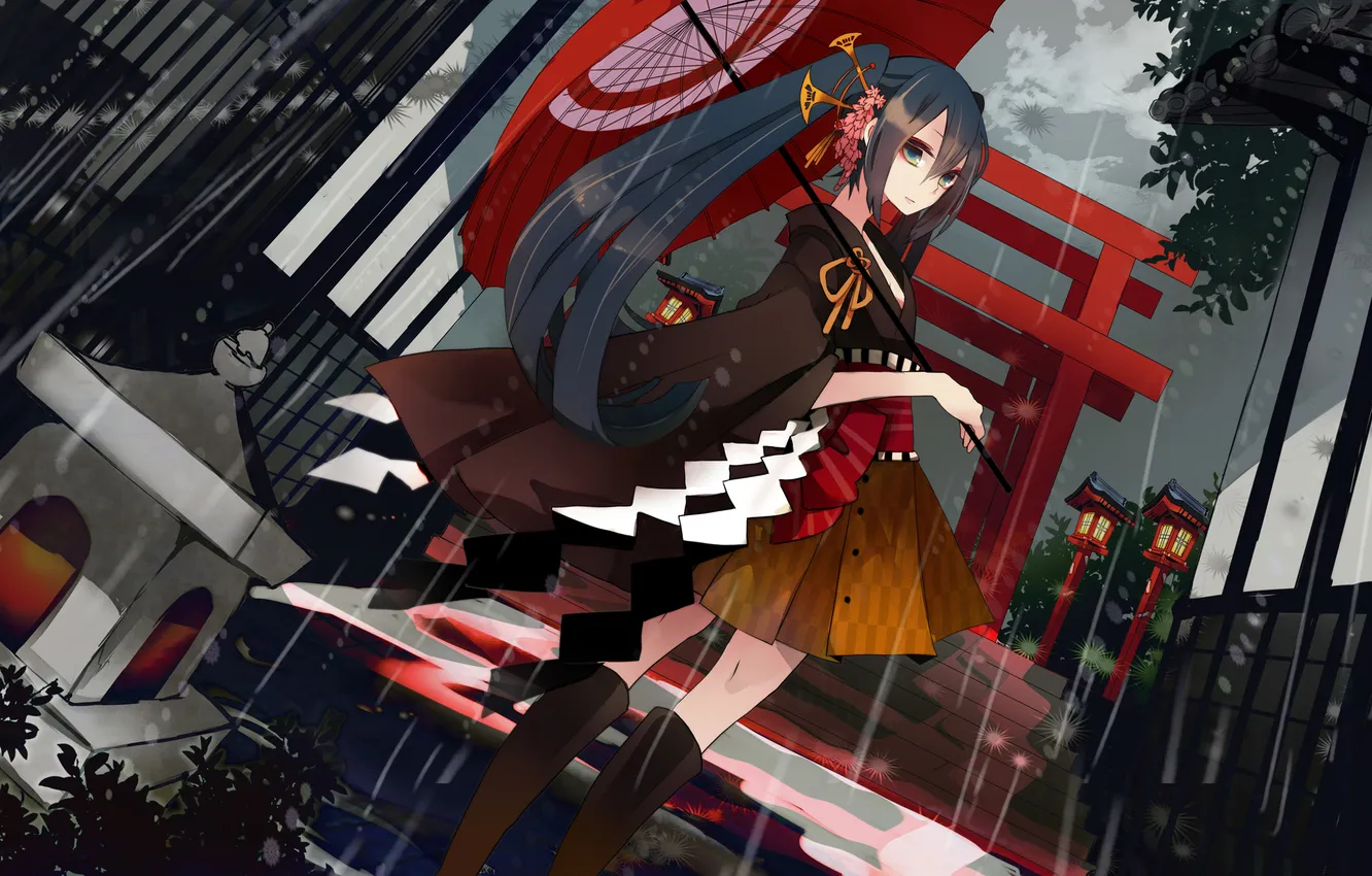 Photo wallpaper girl, rain, umbrella, art, ladder, steps, vocaloid, hatsune miku