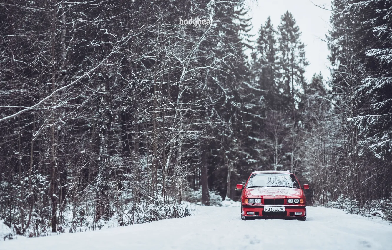 Photo wallpaper winter, road, snow, red, BMW, BMW, red, oldschool