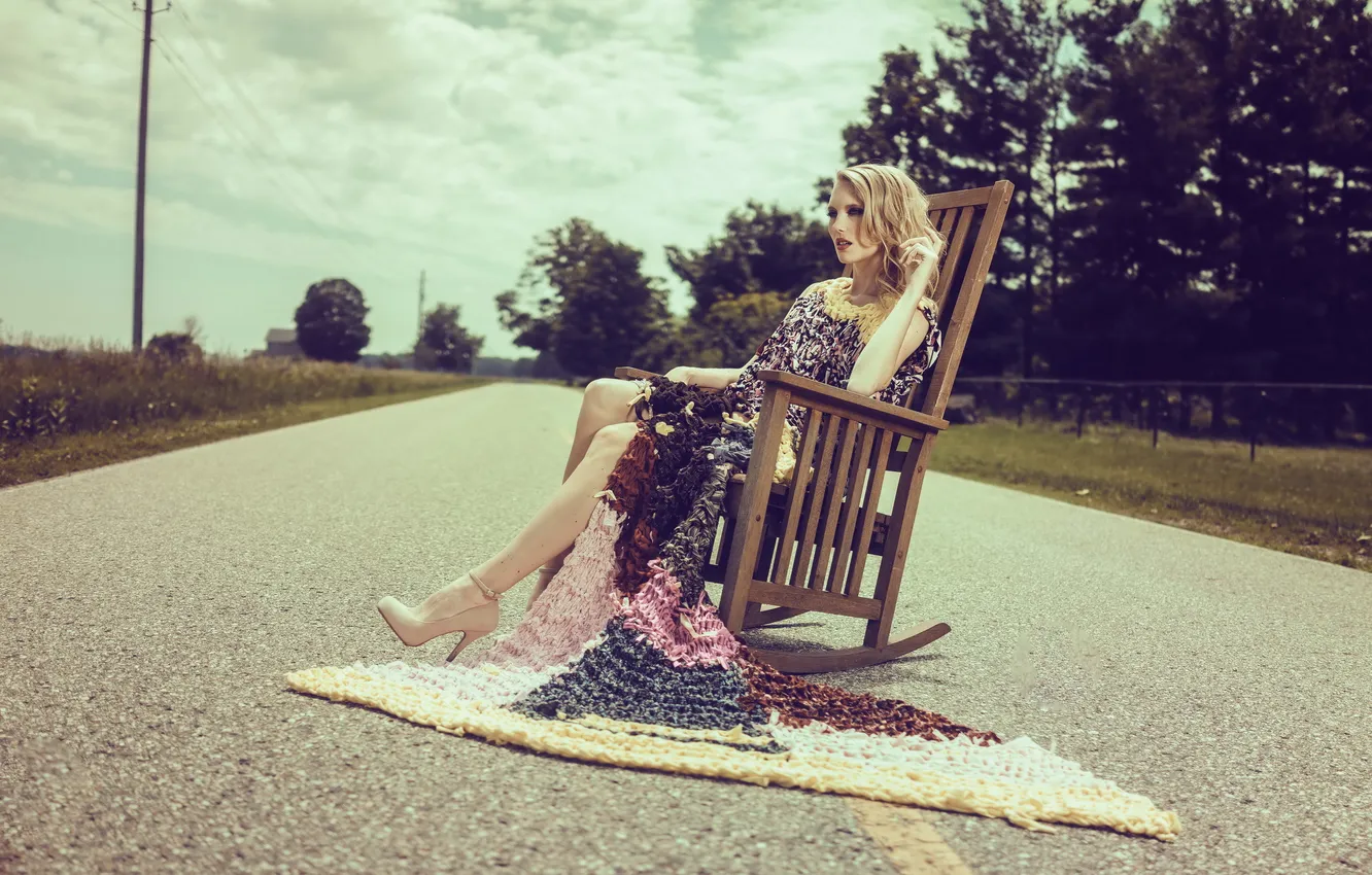 Photo wallpaper road, girl, chair