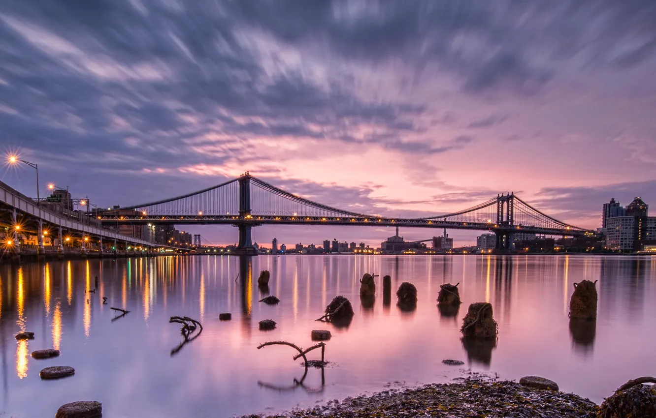 Photo wallpaper sunset, bridge, the city, river, USA