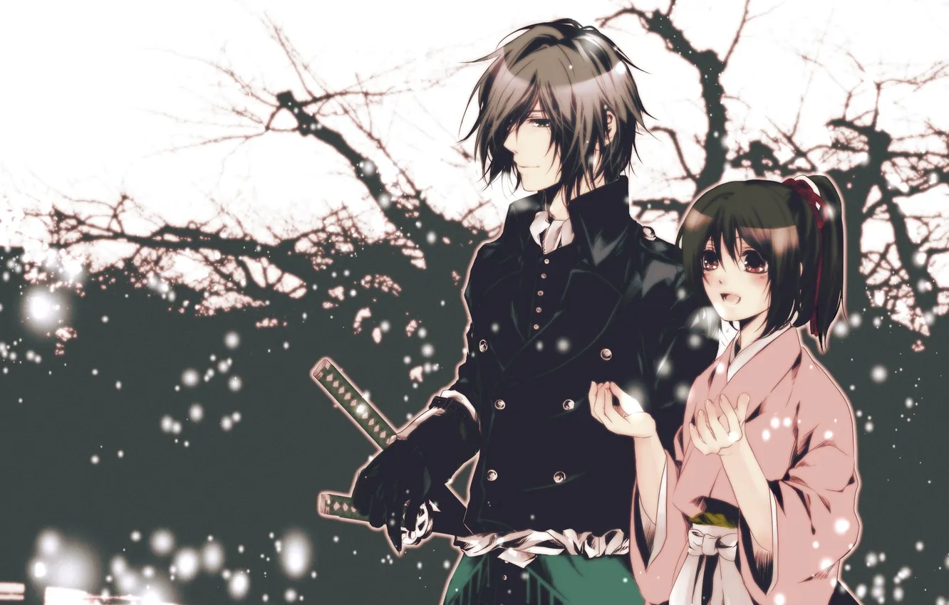 Photo wallpaper winter, girl, snow, smile, weapons, sword, pair, gloves