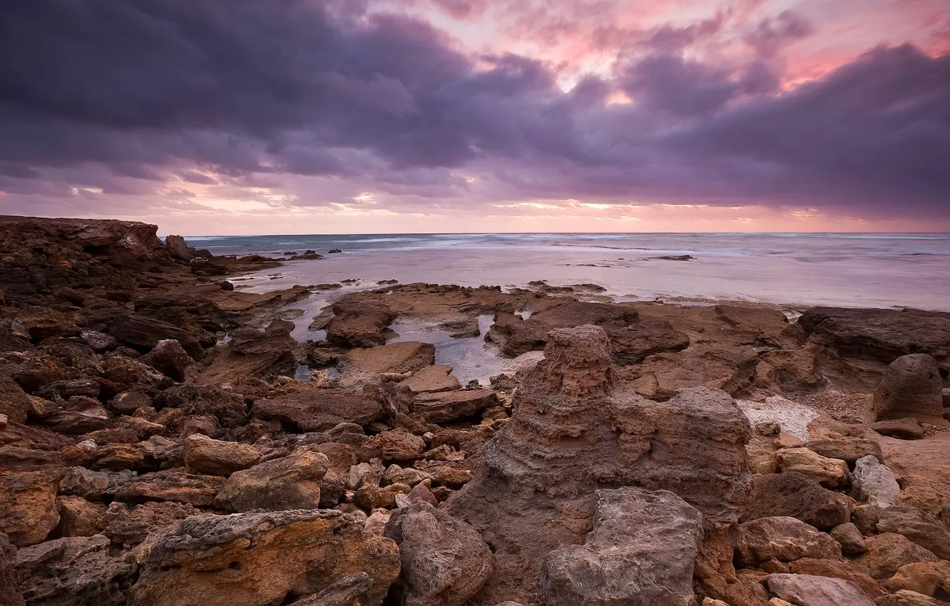 Photo wallpaper clouds, sunset, stones, the ocean, shore
