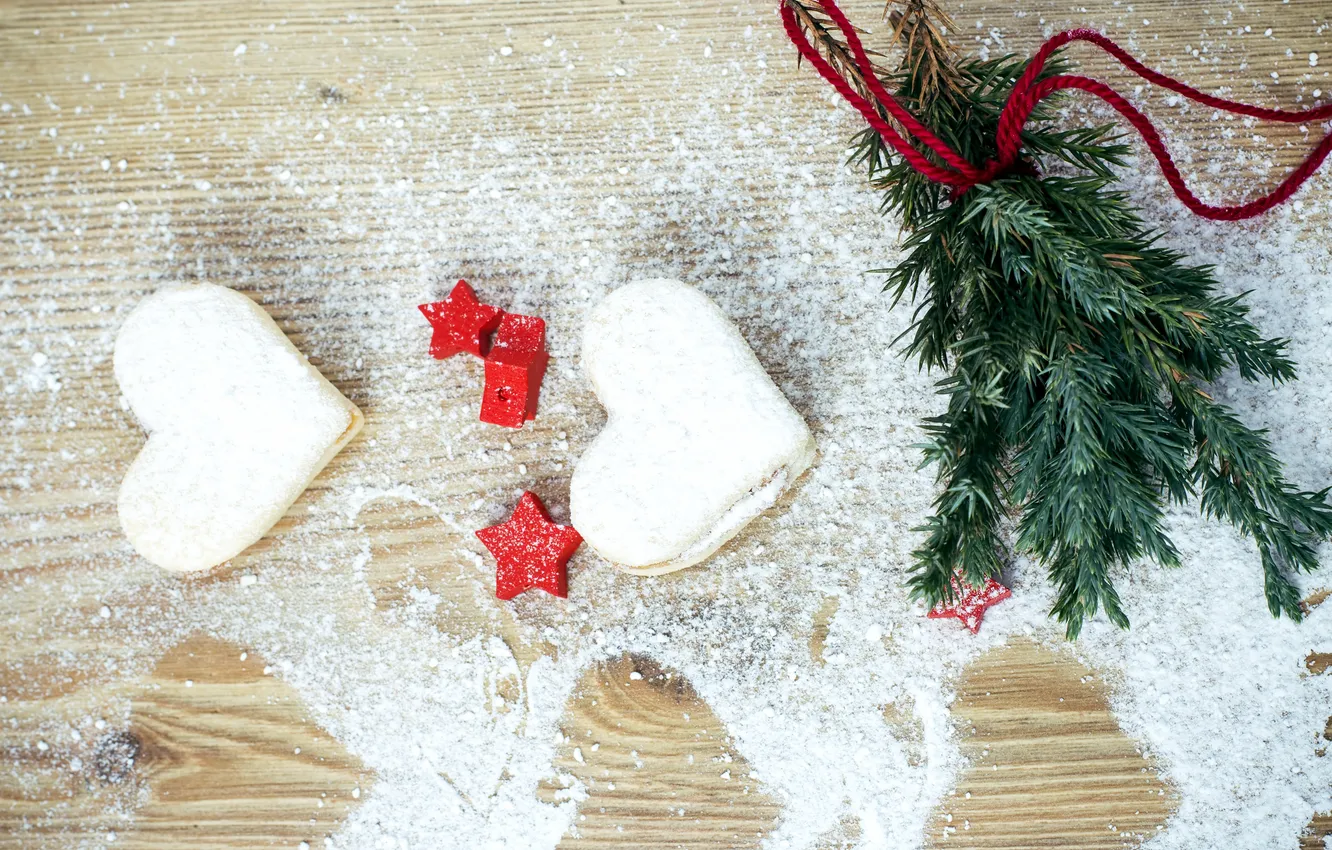 Photo wallpaper snow, holiday, tree, cookies, Christmas, hearts, sweets, Christmas