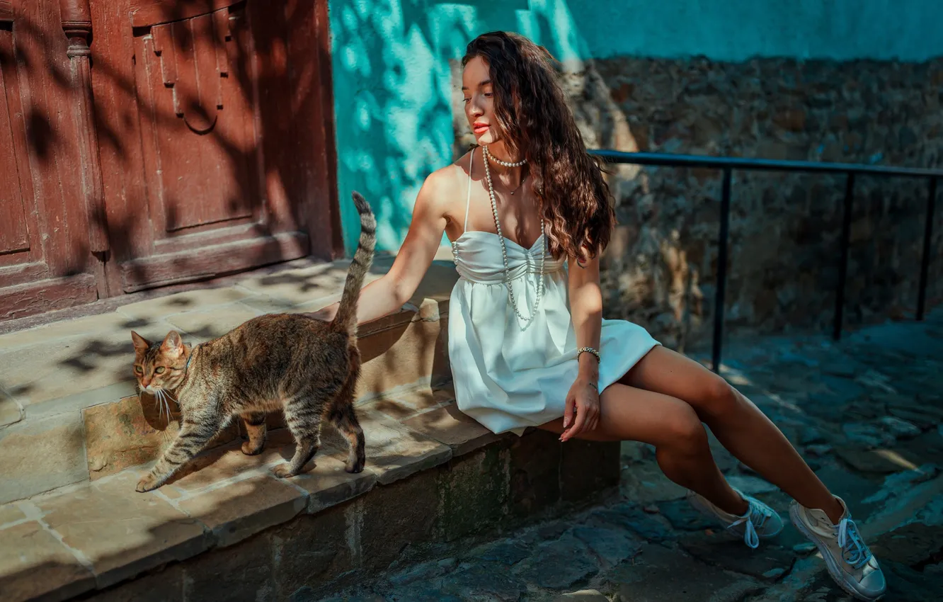 Photo wallpaper cat, girl, pose, beads, legs, long hair, sundress, Acts Novels