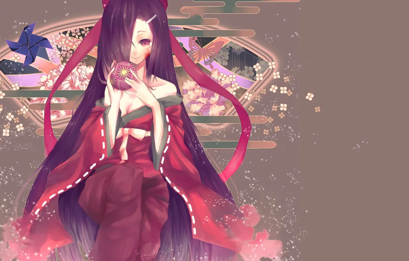 Photo wallpaper girl, balls, pattern, butterfly, spinner, kimono, long hair