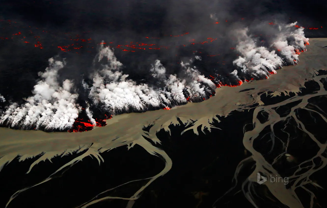 Photo wallpaper flame, smoke, the volcano, the eruption, lava, Iceland, Vatnajokull National Park, Holuhraun
