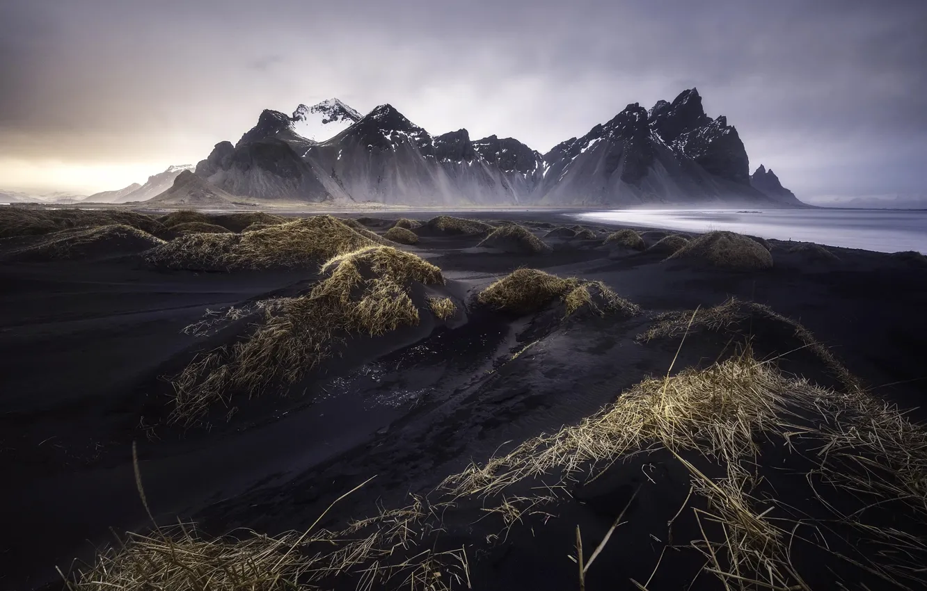 Photo wallpaper beach, mountains, clouds, mountain, Iceland, black Sands