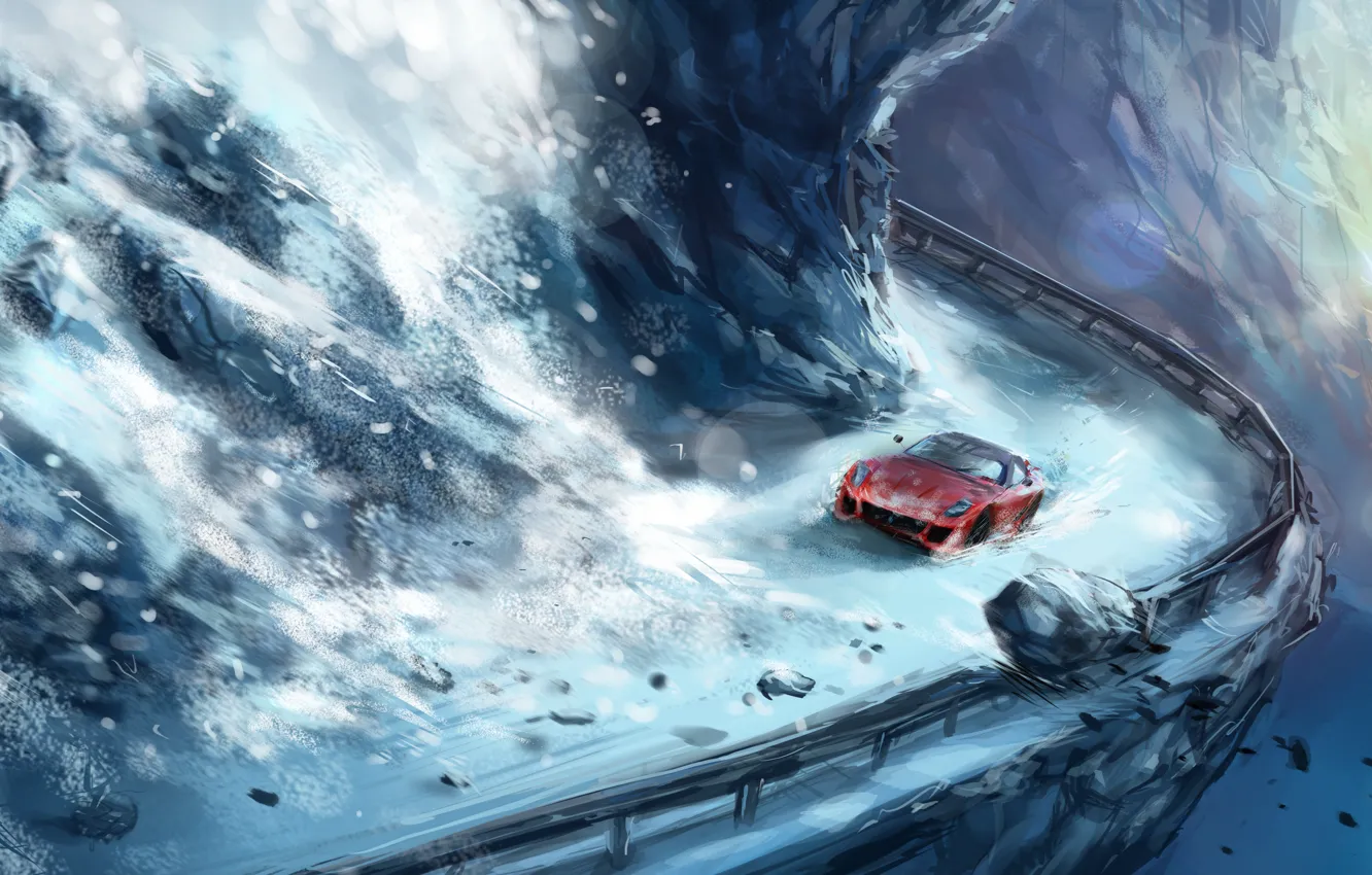 Photo wallpaper road, snow, mountains, stones, height, Avalanche, destruction, red car