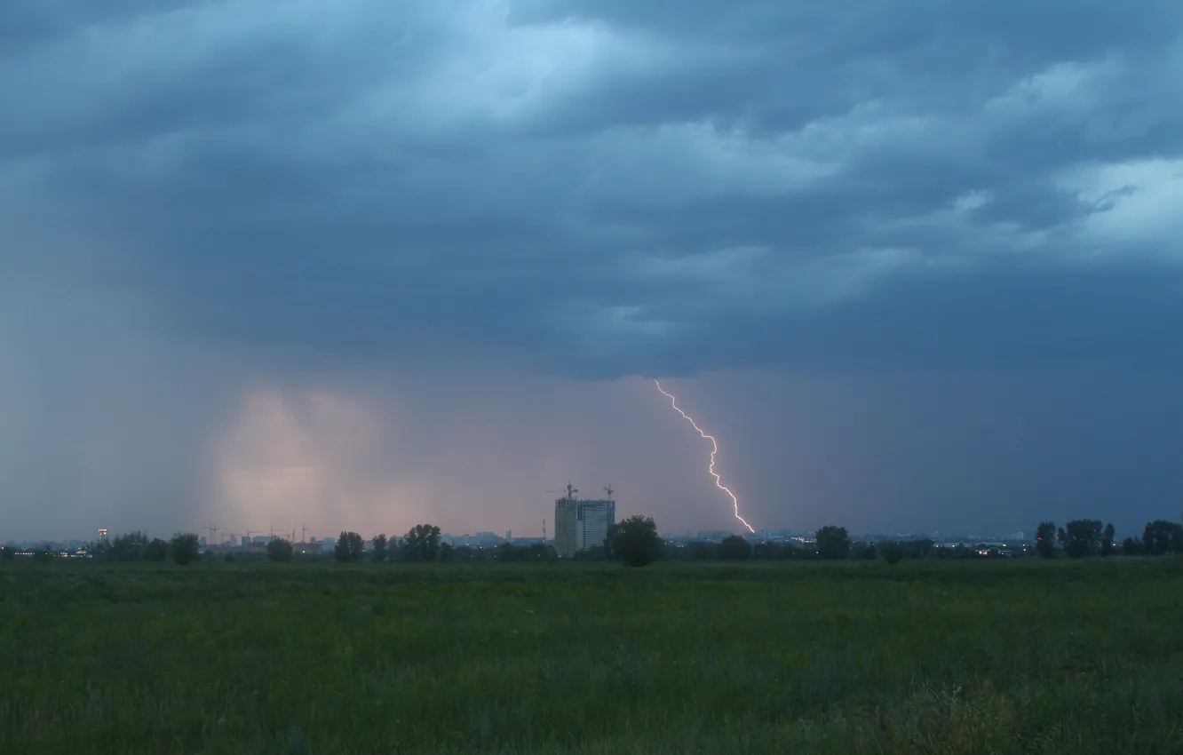 Photo wallpaper summer, the sky, trees, clouds, overcast, lightning, building, home