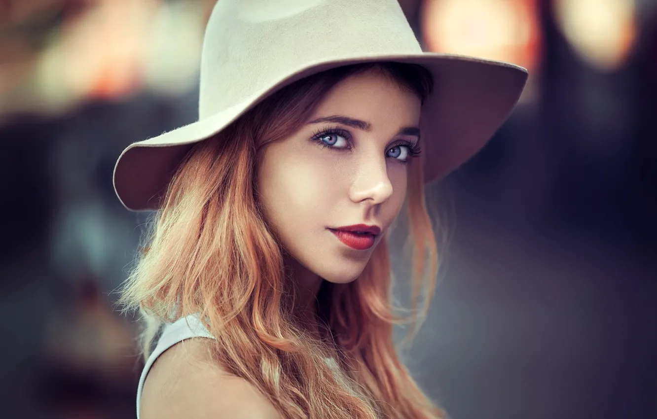 Photo wallpaper look, background, model, portrait, hat, makeup, hairstyle, beauty