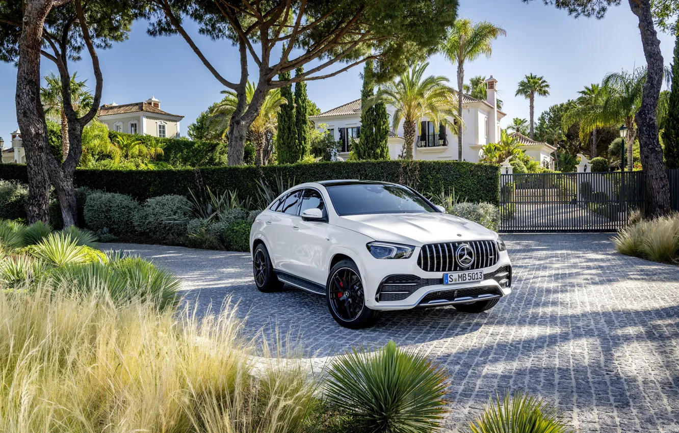 Photo wallpaper auto, the sun, palm trees, Mercedes-Benz, mansion, AMG, GLE