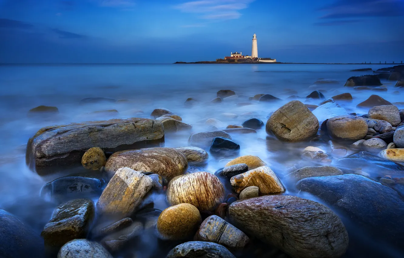 Photo wallpaper sea, fog, stones, lighthouse, sea, lighthouse, mist, Ray Bilcliff