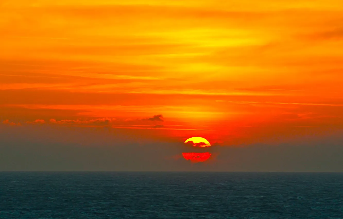 Photo wallpaper sea, the sun, clouds, sunset, glow