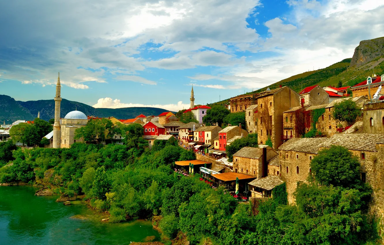 Photo wallpaper building, home, mosque, Bosnia and Herzegovina, Mostar, the Neretva river, Mostar, Neretva River