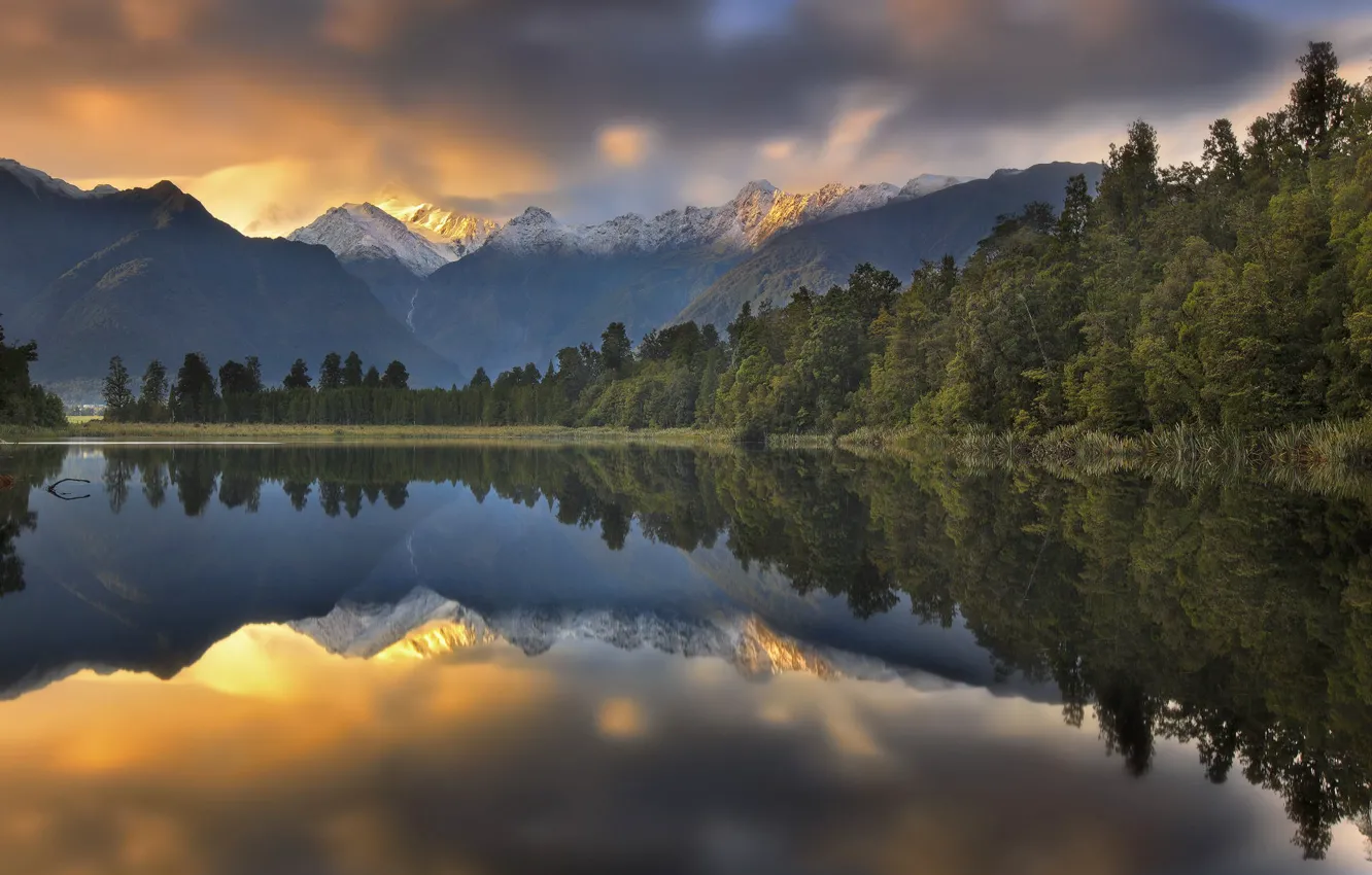 Photo wallpaper forest, landscape, sunset, mountains, nature, lake, reflection, New Zealand