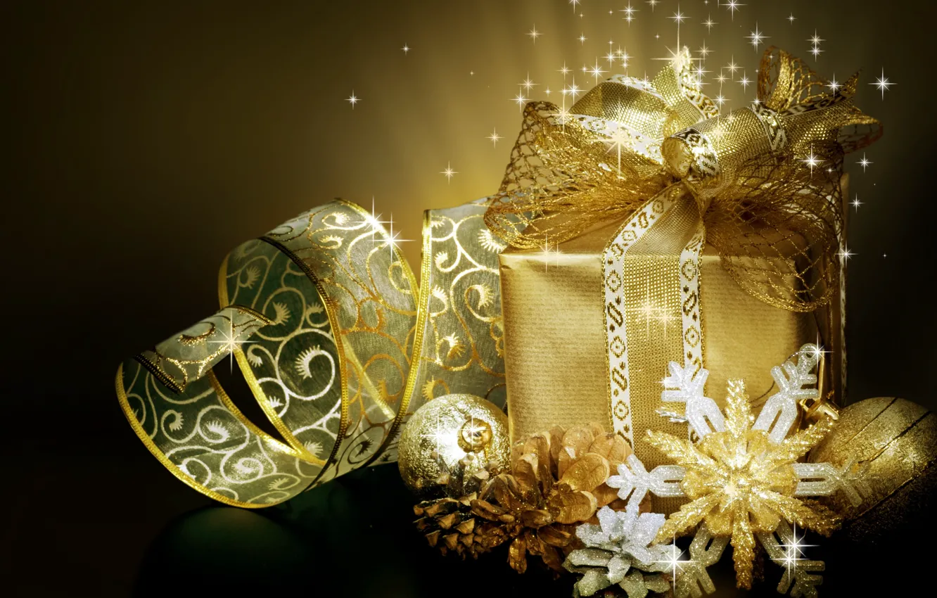 Photo wallpaper winter, balls, snowflakes, box, gift, toys, New Year, Christmas