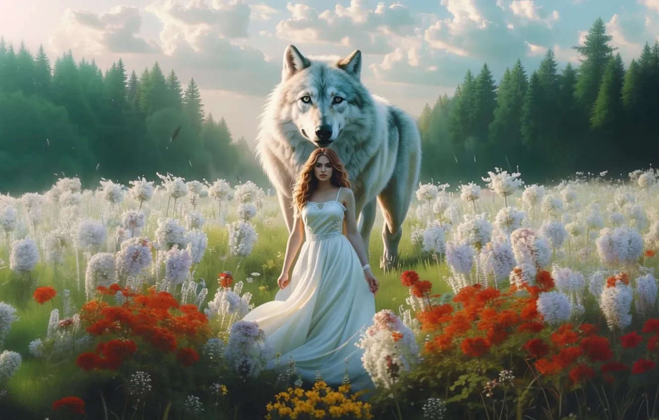 Photo wallpaper forest, girl, landscape, flowers, nature, animal, wolf, fantasy