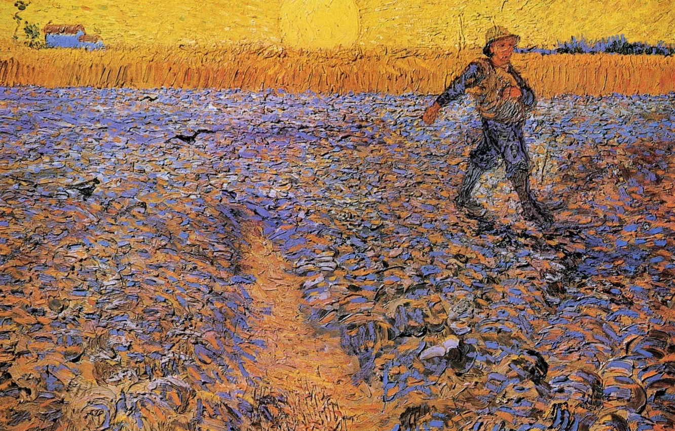 Photo wallpaper field, the sun, Vincent van Gogh, The Sower 4, the guy in the hat, the …