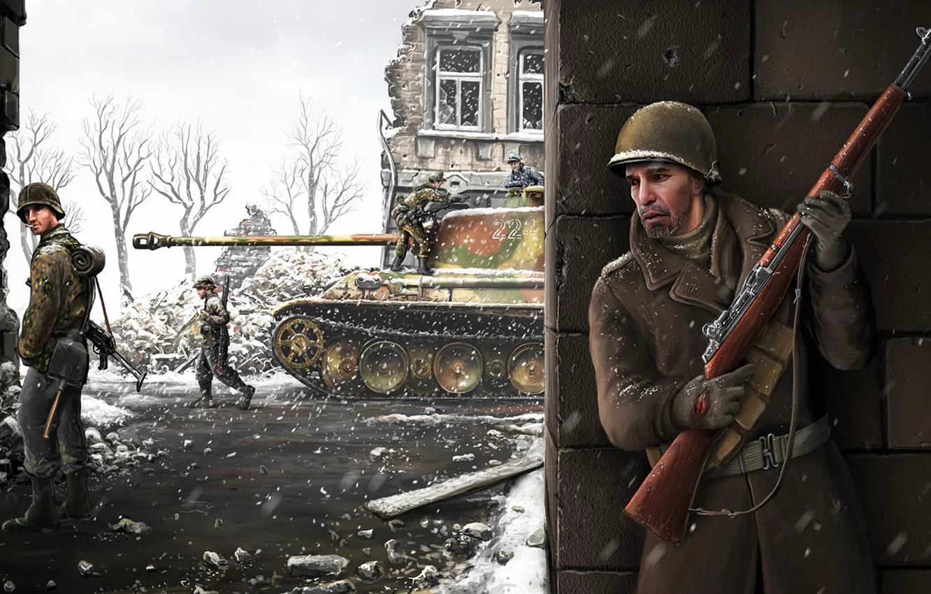 Photo wallpaper winter, snow, the city, war, USSR, tank, the Germans, Russian