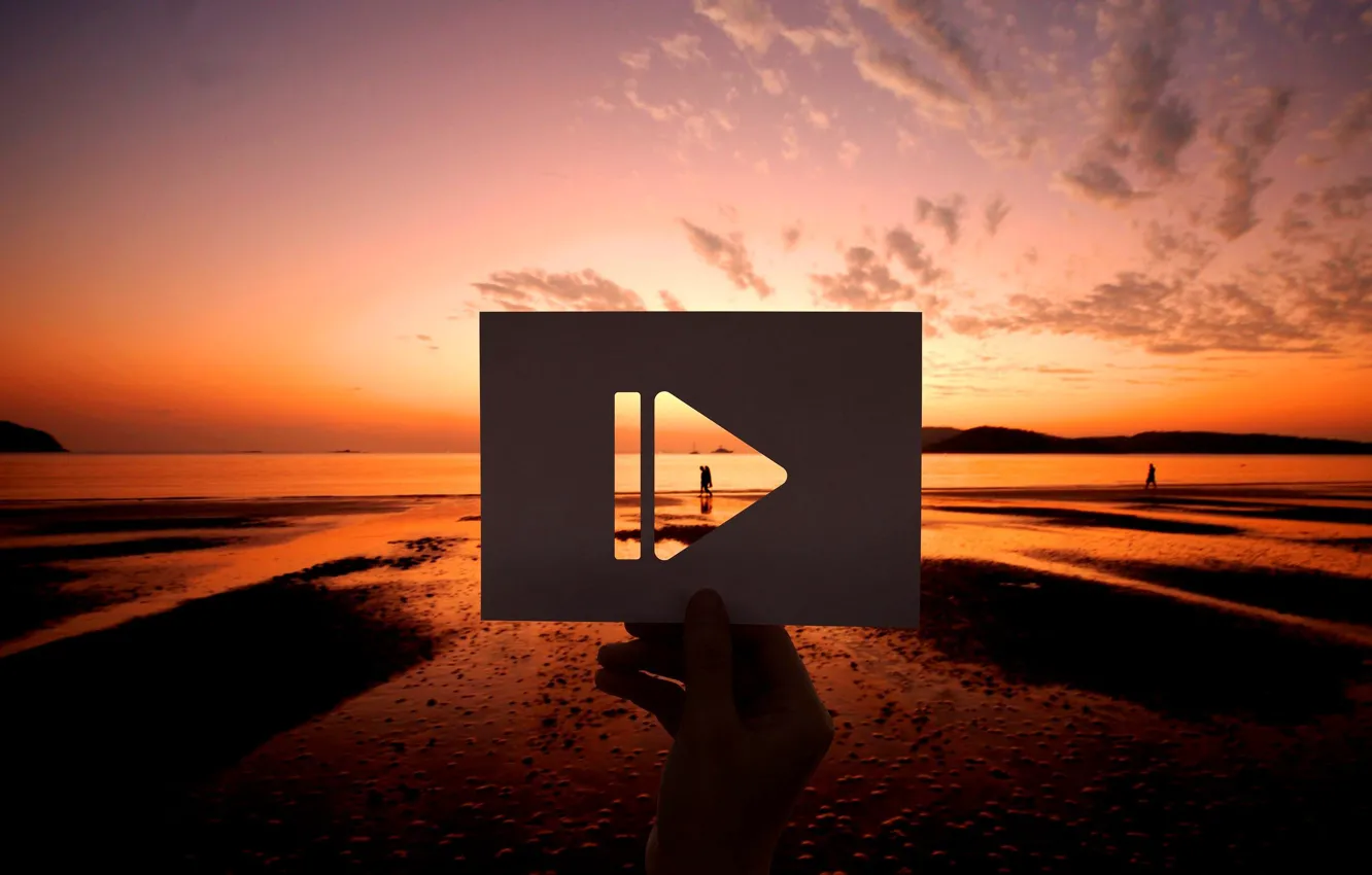 Photo wallpaper beach, sunset, sign, card