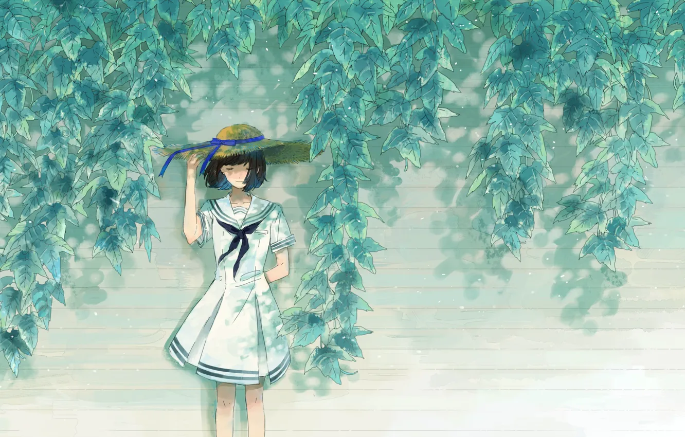 Photo wallpaper leaves, girl, art, hat, Is this