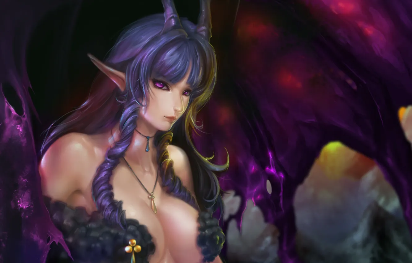 Photo wallpaper chest, look, girl, wings, the demon, horns, elf, art