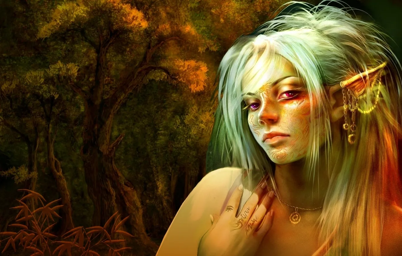 Photo wallpaper forest, look, girl, decoration, trees, hair, elf, hands