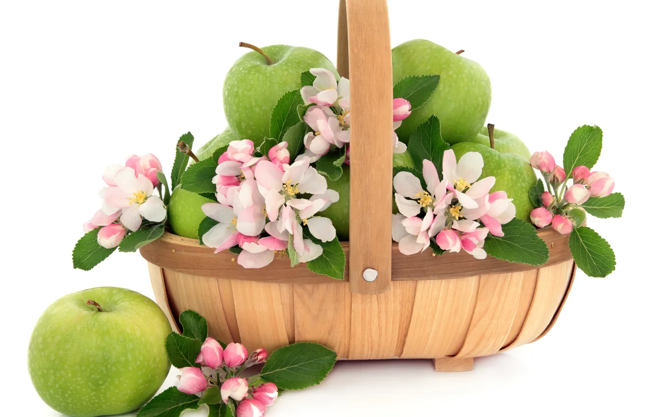 Photo wallpaper flowers, basket, apples