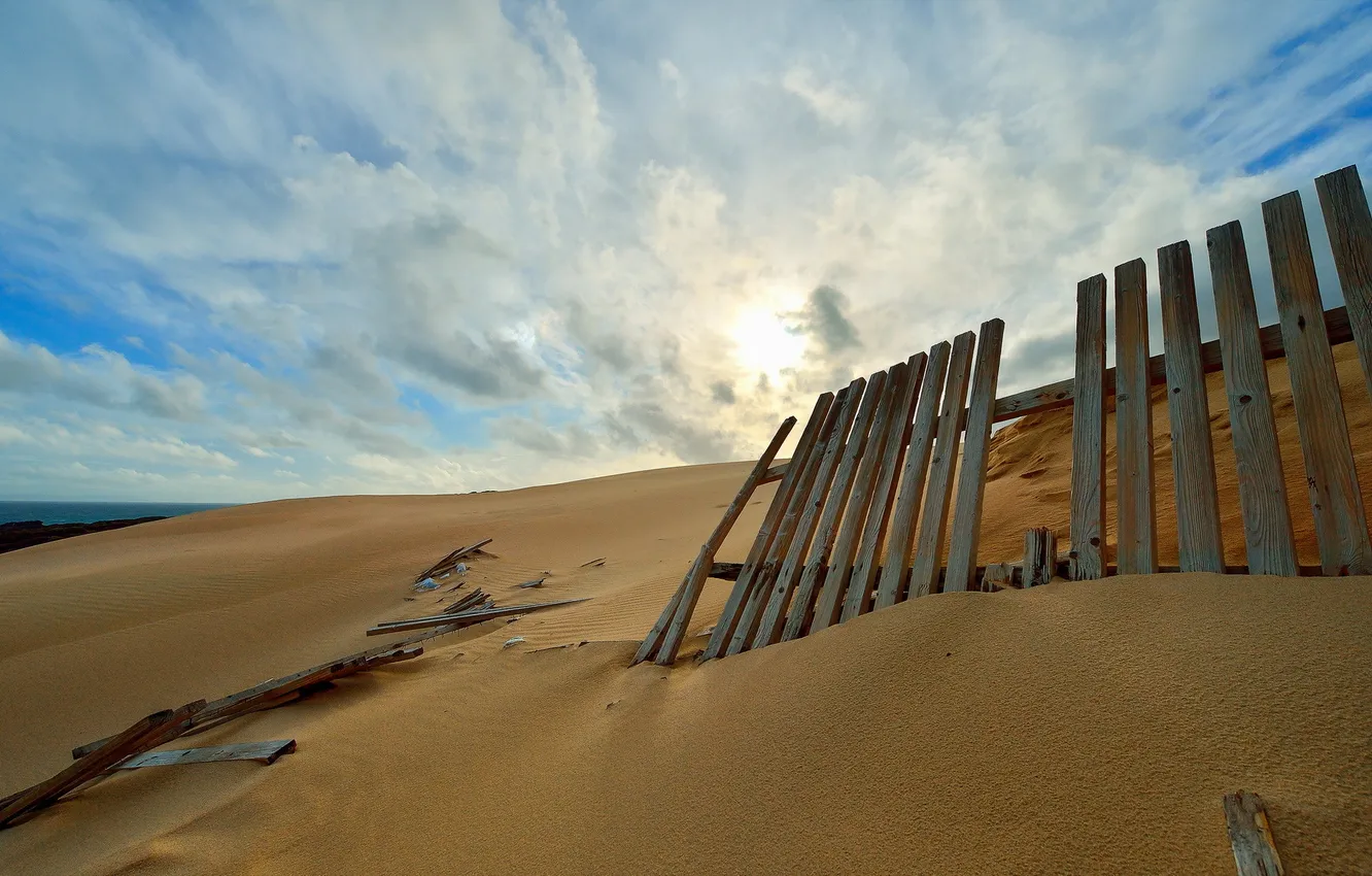 Photo wallpaper sand, the sky, landscape, the fence