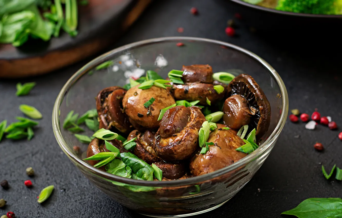 Photo wallpaper mushrooms, herbs, soy sauce, baked