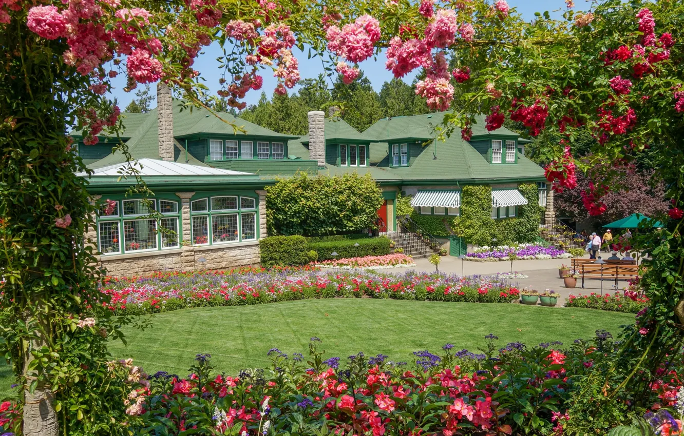 Photo wallpaper flowers, lawn, the building, Canada, Canada, British Columbia, Italian garden, Butchart gardens