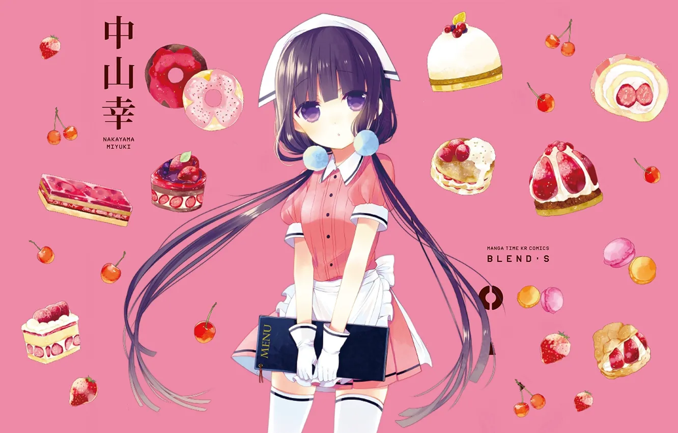 Photo wallpaper stockings, strawberry, sweets, gloves, donuts, the waitress, solitaire, pink background