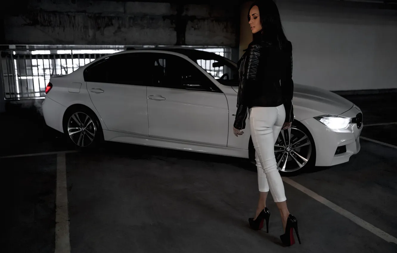 Photo wallpaper girl, BMW, beautiful girl, Valeria, white car, posing on the background of cars