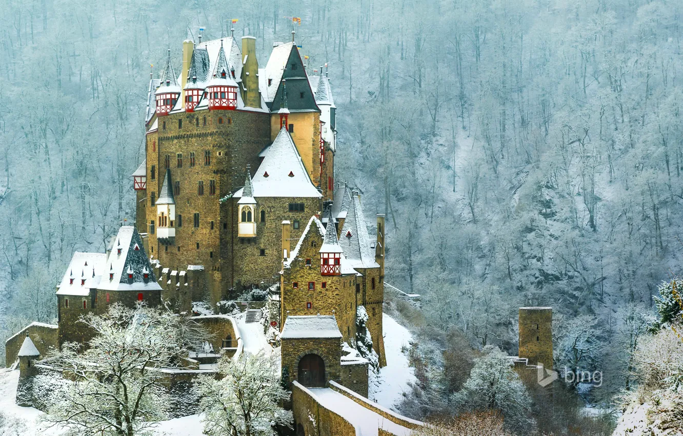 Photo wallpaper forest, snow, mountains, castle, Germany, slope, ELTZ, Wierschem